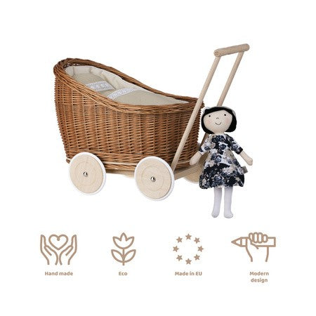 Natural Wicker Doll Pram Luna – Beige Bedding